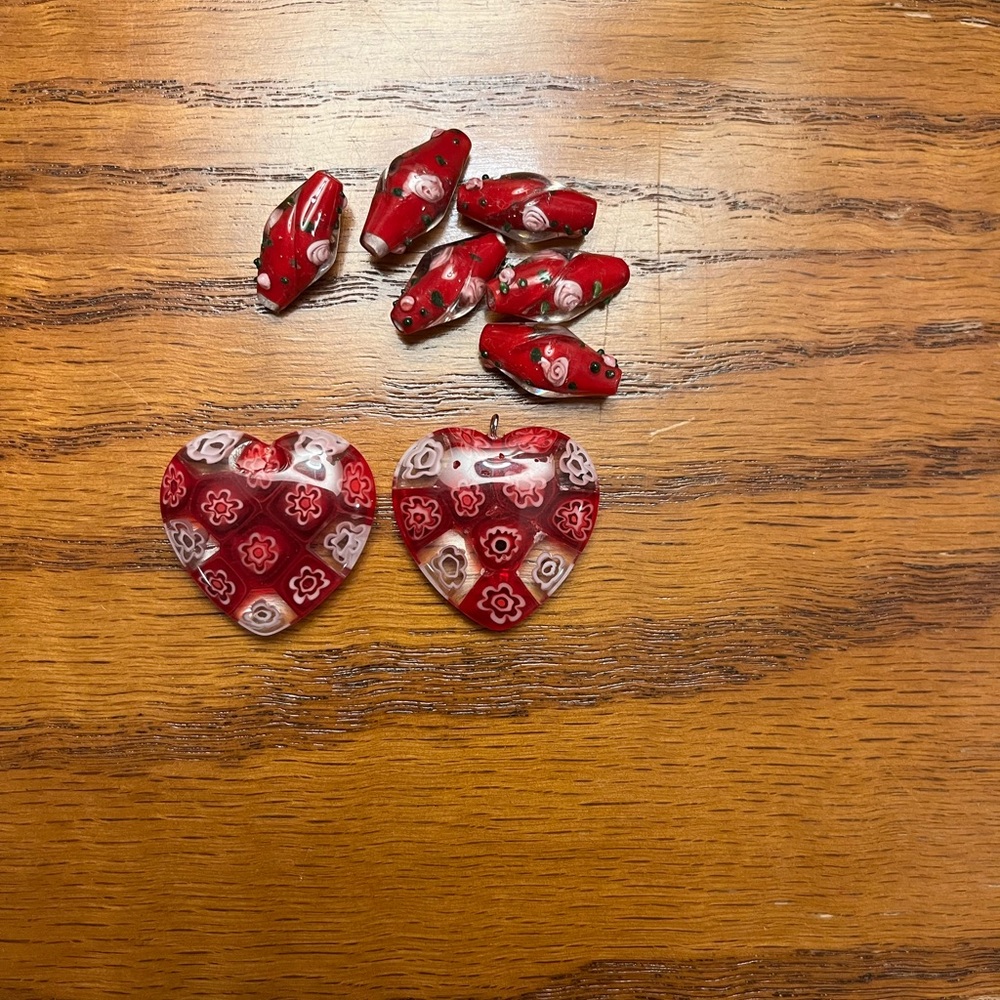 Red Millefiori Glass Pendants Lampwork Bead Lot- 8